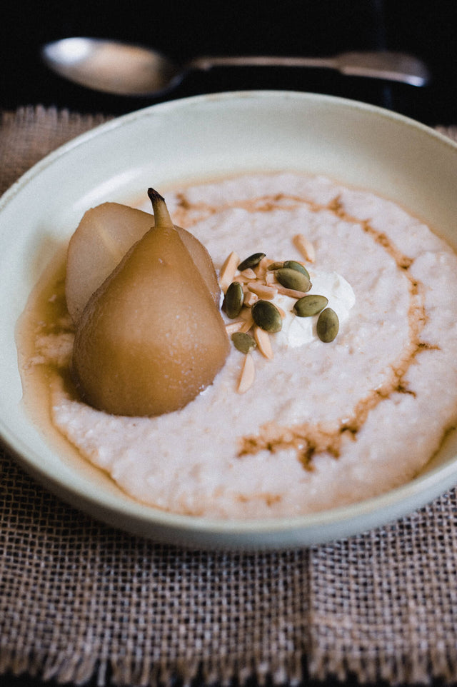 Chai Poached Pears with Porridge